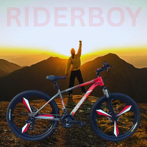 Image of RIDERBOY Mountain Cycle with Steel Frame, Disc Brake, Suspension Fork, 26 Inch, Single Speed, Red Grey, for Boys and Girls 13+ Years