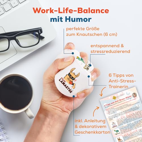 GLÜCKSGUT® Anti-Stress-Würfel | Chill Out | Lustiger Stresswürfel | 6 Motive, Geschenkbox & Anleitung | Spielzeug für Stressabbau, Kollegen & Büro Geschenk