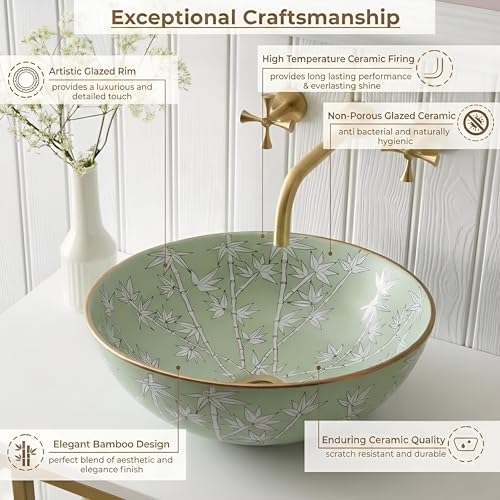 Image of BASSINO 16x16x5 Inches Designer Ceramic Table Top Wash Basin /Green Bamboo Floral Art Bowl Sink with Golden Edge for Bathroom /Handcrafted Round Countertop Washbasin for Office /Hotel(Glossy)