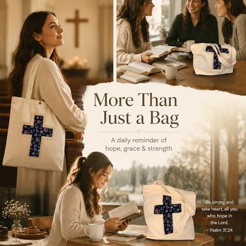 Image of Christian Tote Bag Gift for Women, Canvas Bible Bag Handmade Floral Cross | Christian faith-inspired gift, handcrafted cross with lace, inner pocket, snap closure, bottom gusset, church Bible study use