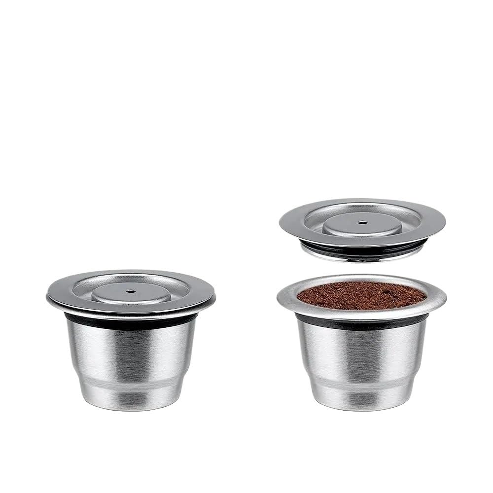 Compatible Para Nespresso Cápsula Café Reutilizable Acero Inoxidable | Carcasa acero liso, filtro fino, permite rellenado repetido en casa(2 capsules 1t)