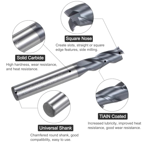 Image of uxcell Carbide Square End Mill, 5 /16 inch Diameter TiAlN Coated 3 Flutes Milling Bit Cutter, for Hardened Steel Stainless Steel Alloy Metal, 5 /16 inch Shank 1 inch Cut Length 2-1 /2 inch Long HRC55
