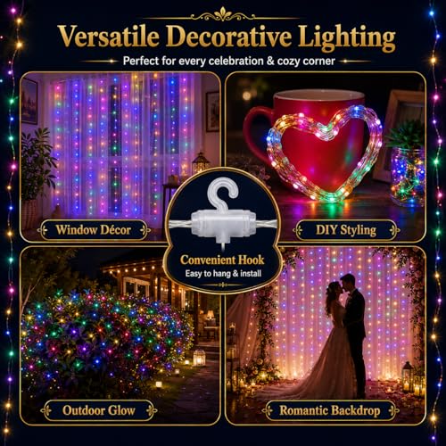 Image of One94Store Fairy Curtain String Lights, 300 LED USB Powered Fairy Lights with Remote, 8 Modes, Window Wall Decor for Bedroom, Party, Diwali & Christmas - 3x3m Multicolor