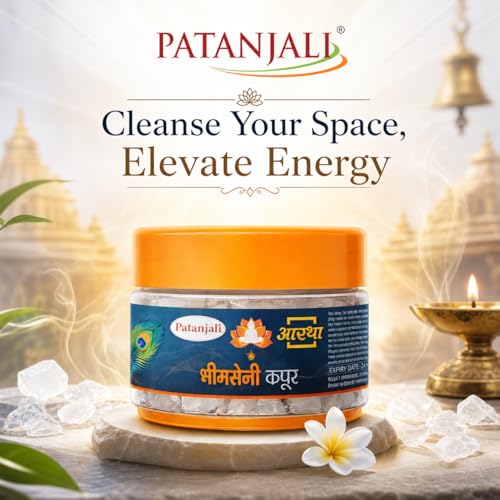 Image of Patanjali Aastha Bhimseni Kapoor Camphor Crystals for Puja, Havan & Aromatherapy | Natural Long Lasting Air Freshening Kapoor | 25g Each Jar, Pack of 4 for Home, Temple & Spiritual Use for Daily Pooja