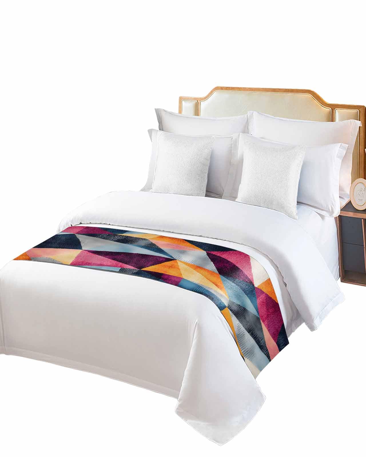 Colorful Geometric Bed Runner for King Size, Rhombus Abstract Impressionist Bedspread Protector Slipcover Bed Scarf for Foot Runners & Scarves for Bedroom Hotel Wedding Room 102x20 Inches