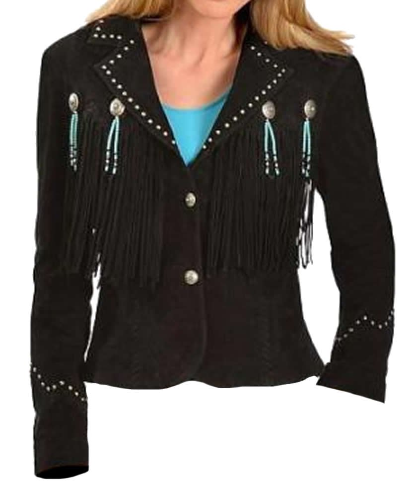 LEATHERAY Women Western Style Fringed & Bones Leather Jacket Black, Excellent Quality, Xs-5xl