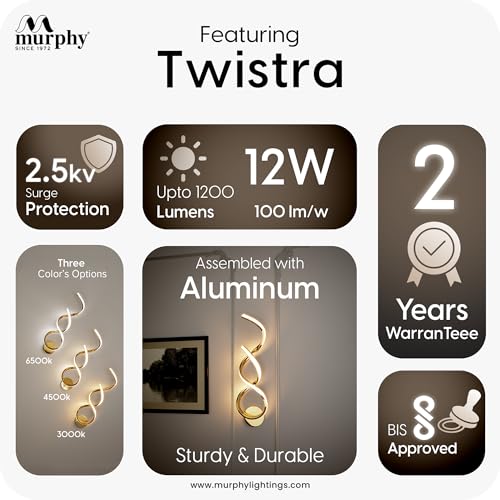 Image of Murphy Twistra Elegant LED Wall Lamp for Home - 2 Years Warranty - Modern Aluminium Light with 3 Color Modes (French Gold, Pack of 2)