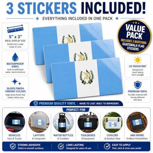 Image of Guatemala Vinyl Flag Stickers, Car Decals, Waterproof Indoor Outdoor, Laptop Stickers, Car Bumper, Guatemalan Flag, 5 x 3 Inches, Set of 3