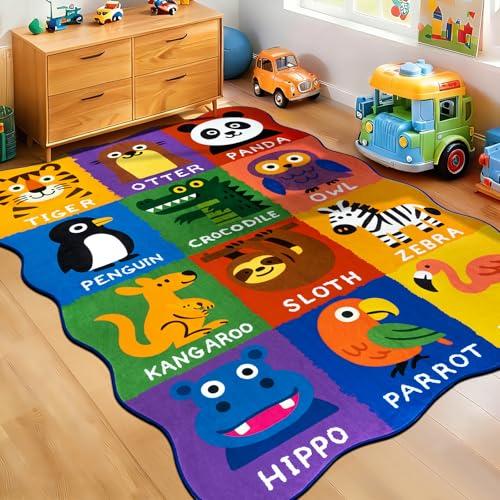 Kids Rugs for Playroom,4x6 Feet Upgrade Ultra Non Slip Area Rug, Washable Play Mat Rug Cute Animal Carpet for Classroom Toddler Nursery Kids Room Decor