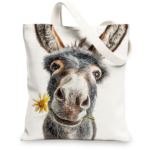 Esel-Leinen-Tragetasche niedliches Tier-Blumenmuster wiederverwendbare Einkaufstasche lustig verspielt leicht waschbar Schultergurt Weiss/opulenter Garten 13x15 Inch