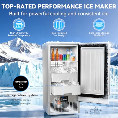 Image of SOZT Under Counter Ice Maker with Refrigerator Function, 120LBS /24H | Commercial Ice Machine, No-Melt Ice Storage, 24H Timer & Self-Cleaning, Built-in /Freestanding for Home Bar Cafe Restaurant