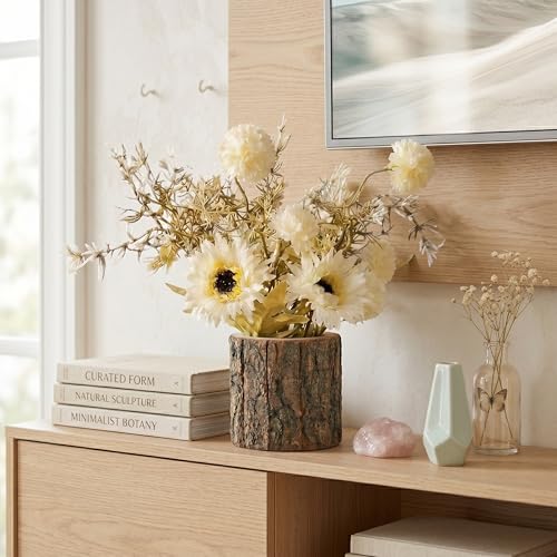 Image of Dekorly Artificial White Dry Daisy Flower with Real Wooden Vase (28CM Overall Height) | Decorative Lifelike Faux Floral Plant in Rustic Tree Log Pot for Living Room (White Dry Daisy)