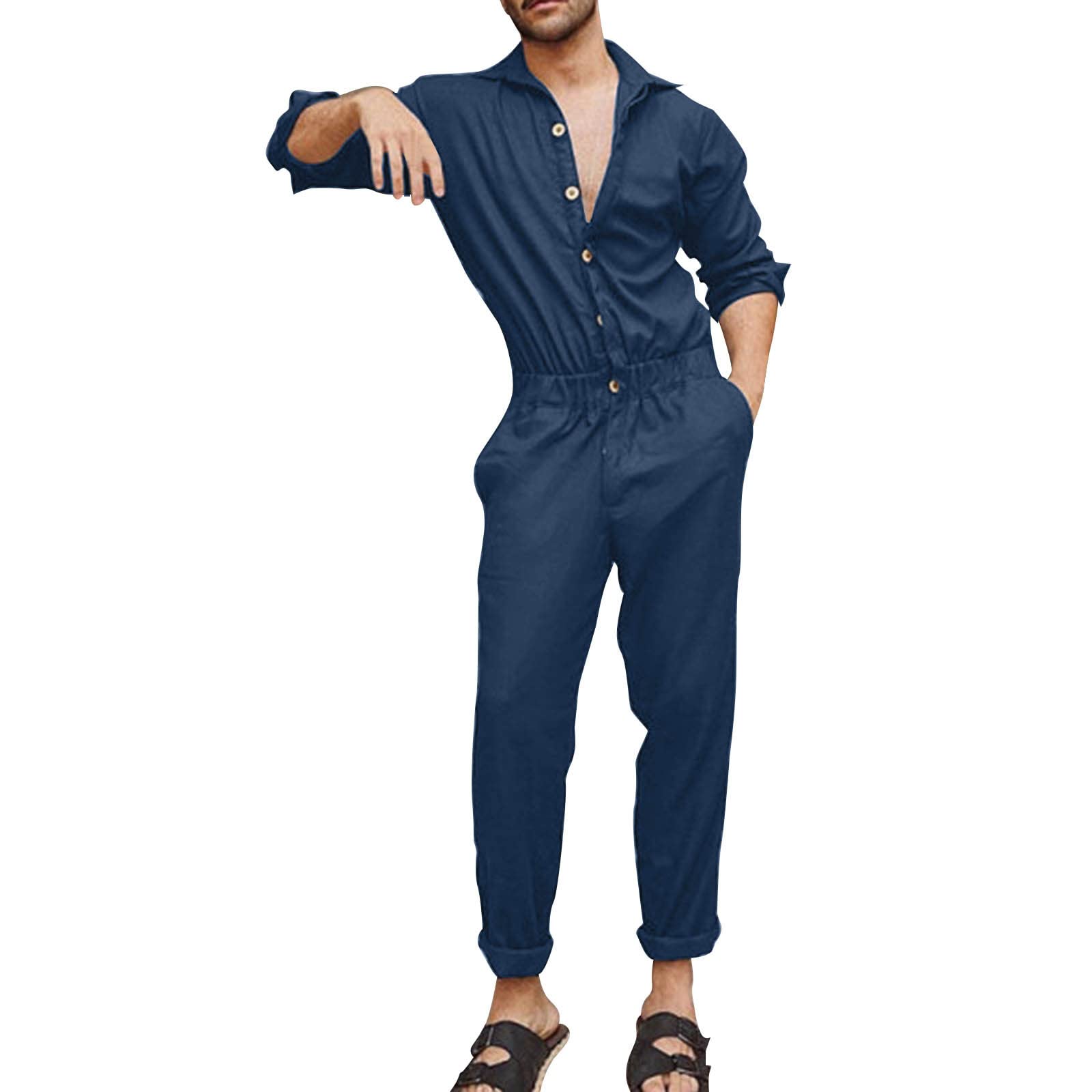 Jumpsuit Men Shorts Mens Spring and Autumn Fashion Leisure Solid Color Lapel Pocket Buckle Overalls Jumpsuit Flare Jumpsuits for Men (Dark Blue, XL)