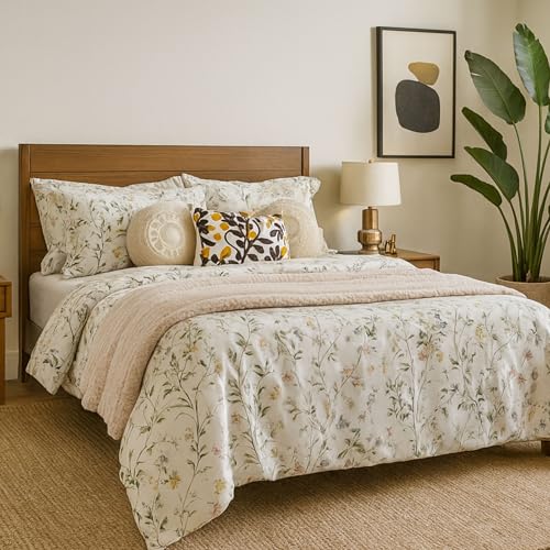 Juego de Sábanas Blancas100% Algodón Estampado Floral Mariposas Primavera – 3 o 4 Piezas (Bajera + Encimera + 1 o 2 Fundas de Almohada) – Suave, Transpirable y Alegre – Varios Tamaños (Cama 90 CM)