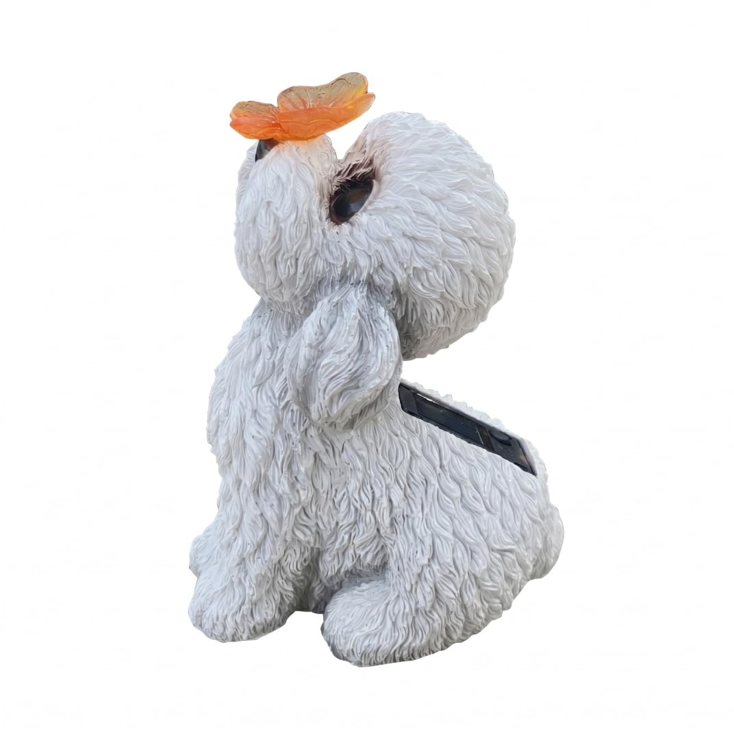 Estatuas de Perros al Aire Libre, Estatua de jardín Solar, estatuilla de Perro de Peluche Blanco con luz LED de Mariposa - Decoración de Patio y Patio al Aire Libre.