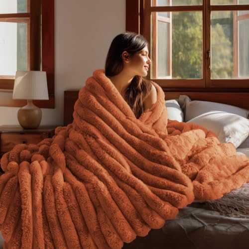 Image of BEDELITE Faux Fur Throw Blanket for Couch, 770GSM, 60 inch x 80 inch, Burnt Orange