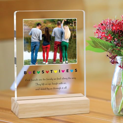 Image of Giftplease Customized Friends Plaque with Wooden Stand | Personalized Photo Frame with Quote | Best Friend Birthday Gift, Farewell Gift, Friendship Day Gift for BFF Keepsake Room Decor FR 02