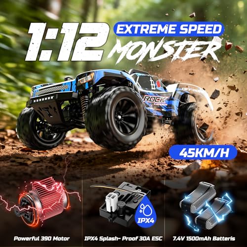 Image of DEERC 1:12 Fast RC Cars 45KPH, 4WD High Speed Short Course RC Truck, Off-Road All Terrain Remote Control Car with 2 Batteries & Spare Tire, 2.4GHz Desert RC Monster Truck for Adults Kids Boys Gift