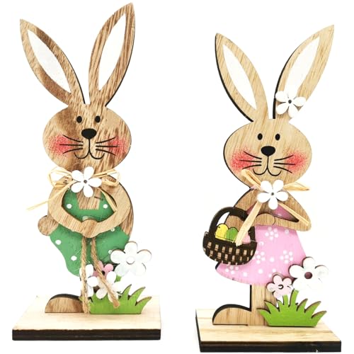 YIEUR 2 figuras grandes de conejos de Pascua, conejos de Pascua con decoración de flores, 19 cm, decoración de Pascua, conejos de Pascua, madera para colocar en exteriores, decoración de mesa, jardín