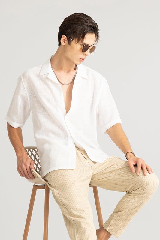 Image of SNITCH Roomy White Cuban Collar Solid Relaxed Fit Shirt