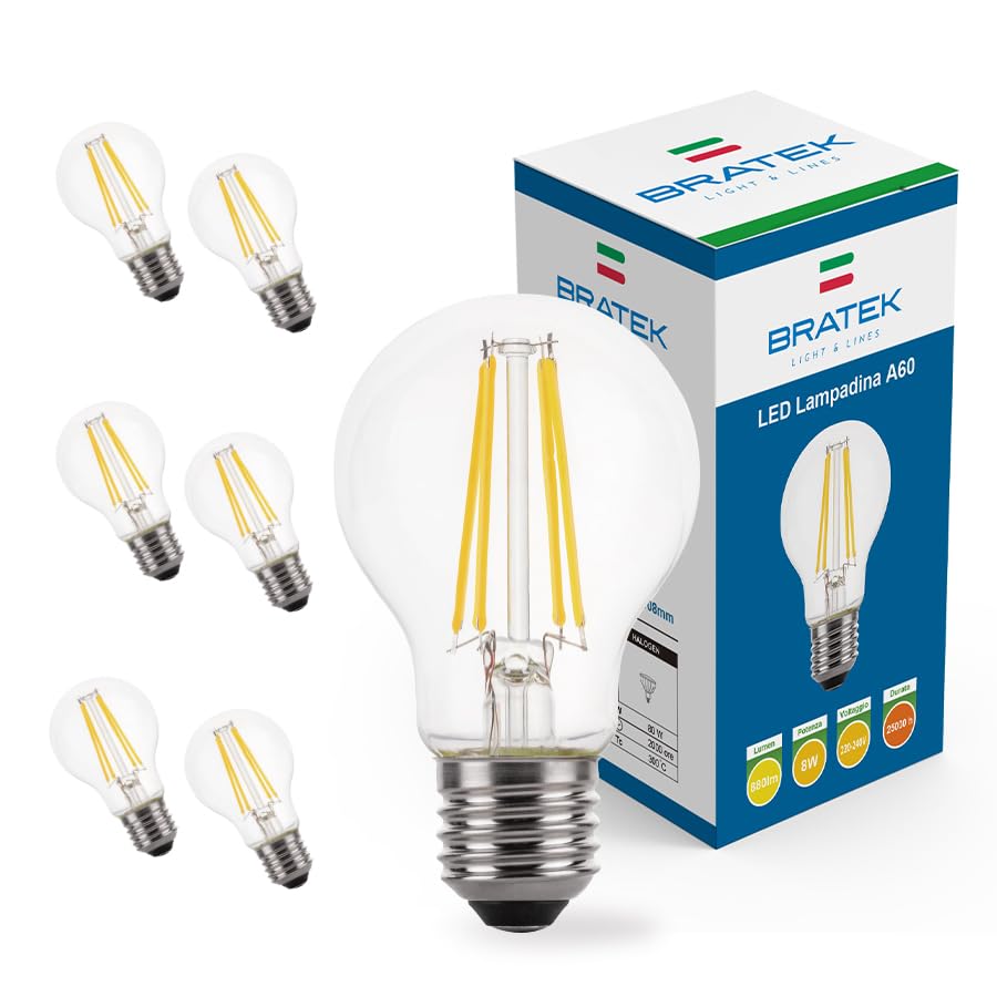Bratek 6 Lampadine Led E27 Luce Fredda Vintage 6500k 8w 880 Lumen - Lampadina Vintage E27 Filamento Led Trasparente Equivalente 90w a Incandescenza o 80w Alogena