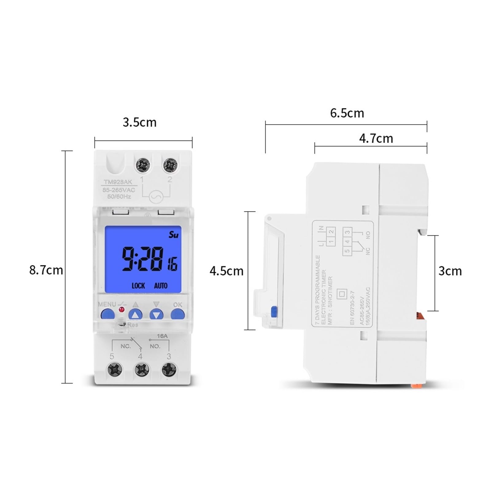 Programador Digital semanal con luz de Fondo y Pantalla L/C/D de Gran tamaño, Entrada Universal de 220 V y 110 V, Controlador de Tiempo de Ciclo 1NO + 1NC, Carril DIN(16A)