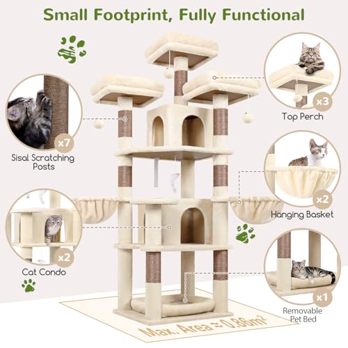 Image of Globlazer Big XL Cat Tower for Indoor Multiple Cats, F68B, Beige | 68 inch Cat Tower for Adult Cats Cat Tree with Scratching Post, 3 Perches, 2 Condos, 2 Basket, Removable Pet Bed