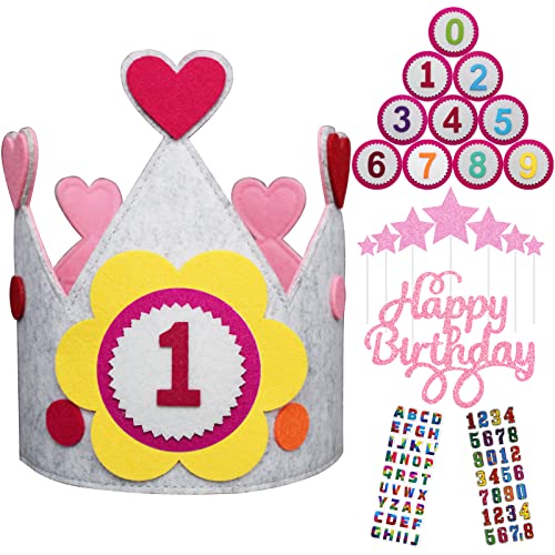 BOYATONG Geburtstagskrone Kinder, Unisex Geburtstagskrone Stoff, Krone Geburtstag Mädchen mit Auswechselbaren Zahlen von 0-9, Happy Birthday Tortendeko für Jungs Mädchen Cover