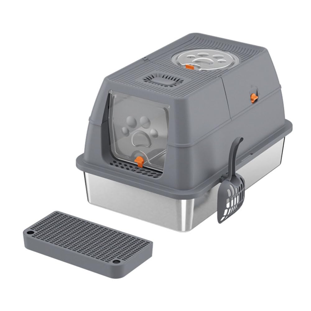 Arenero Acero Inoxidable Gatos con Tapa Extraíble, Arenero Gato con Pala y Escalones, Apto Tanto Abierto como Cerrado, Fácil de Limpiar, Resistente a Olores, para Mayoría de Los Gatos