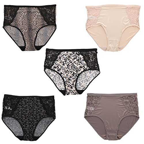 Delta Burke Intimates Women's Brief Panties Sexy Side Lace (5Pr) (XX-Large, Neutral Cheetah Floral Prints)