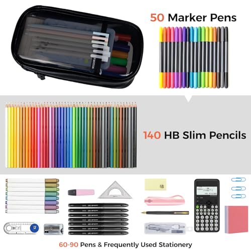 Image of Fmeida Clear Pencil Case - Upgraded 4 Compartment Pencil Pouch, Waterproof Adult Pencil Bag Aesthetic Marker Pouch Stationary Bag Office Organizer for Office Business Travel - Black PU&PVC