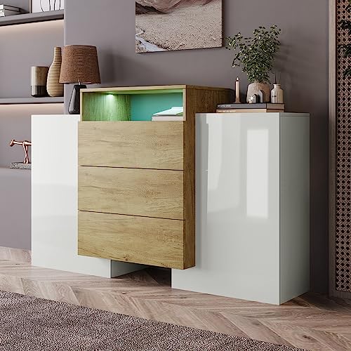 Moimhear Aparador (140 x 30 x 77,5 cm, color blanco brillante y madera, efecto de luz LED, superficie parcialmente brillante)