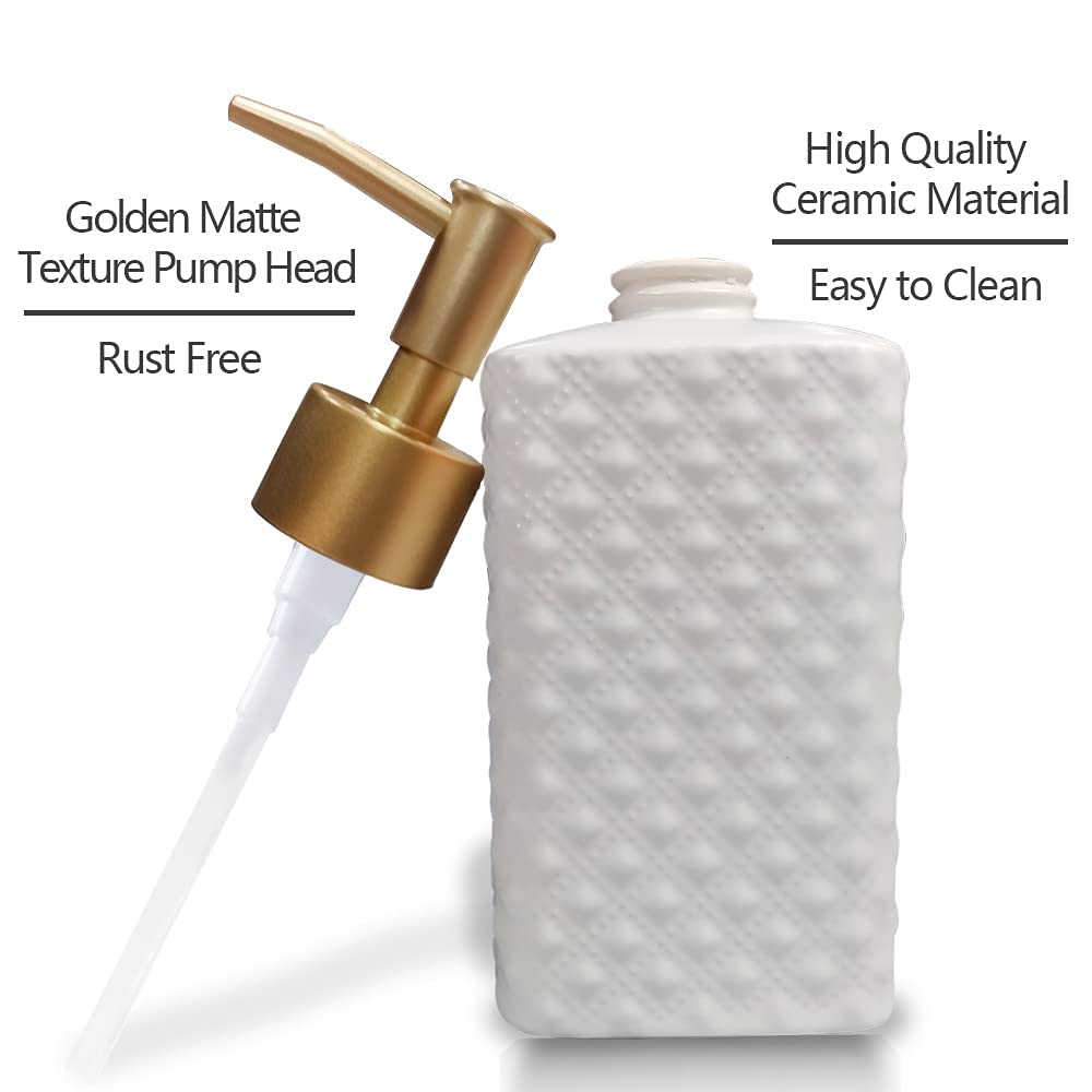 Gold Soap Dispenser, Ceramic Lotion Pump Bottle with Refined and Vintage Emboss, Home Decoration for Bathroom or Kitchen (White)