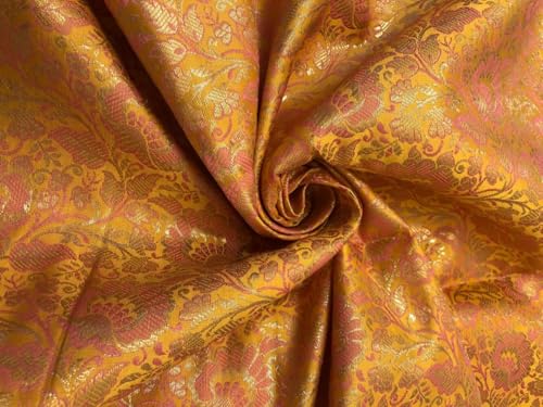 Tissu brocart en soie jaune mangue jacquard floral rose or metallise BRO1135