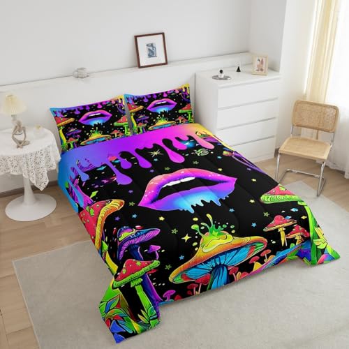 Image of Feelyou Rainbow Mushroom Comforter Set King, Mushroom Sexy Lips Bedding Set for Kids Aesthetic Funny Purple Moon Galaxy Comforter Boys Girls Hippie Star Cool Art Duvet Set with 2 Pillow Case