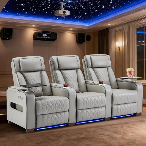 Image of GUEAPY Power Reclining Home Theater Sofa with LED Lighting, Faux Leather Electric Recliner with Adjustable Headrest, Backrest & Footrest, Cup Holders, USB Charging & Removable Tray Table, Row of 3