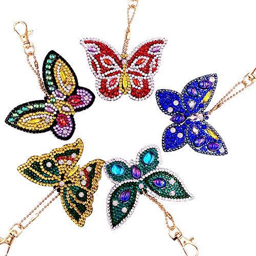 DIY Diamond Painting Keychain 5D Mosaic Making Full Drill Special Shape Diamond Painting Pendant for Bags,Phone Straps 5 Pack Butterfly
