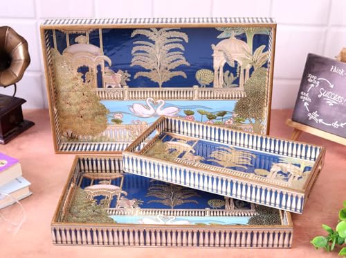 Image of Rectangular Wooden MDF Serving Trays Set of 3 (16x10, 14x8, 12x6 Inches) - Enamelled Finish with Easy-Grip Handles, Perfect for Dining, Tea, Snacks & Home Decor (Swan Tray)