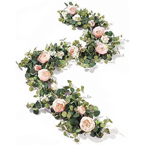 MISSPIN Eucalyptus Garland with Flowers, 16 Lovely Flowers, Artificial Eucalyptus and Rose Garland Decor, Floral Garland Greenery Garland for Wedding Table Decor (Pink) Cover