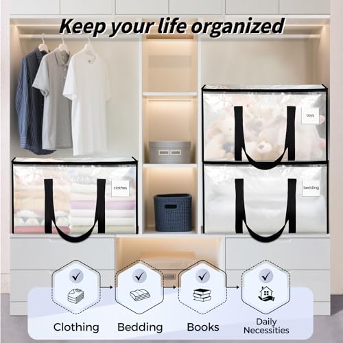 8 Pack Extra Large Heavy Duty Moving Bags, Clear Storage Bins with Lids, Reinforced Handles & Heavy-Duty Zippers Moving Boxes Storage Bags Totes for Clothes Packing, Dorms, College Supplies, Clear - Image 8