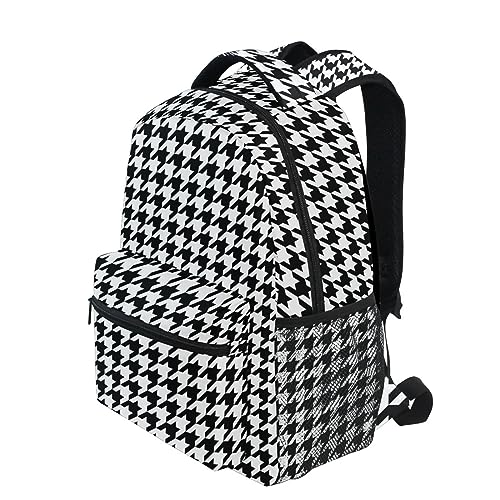 Black-white Houndstooth Backpack Water-Resistant Lightweight Bookbags Travel Bag with Mesh Side Pockets3