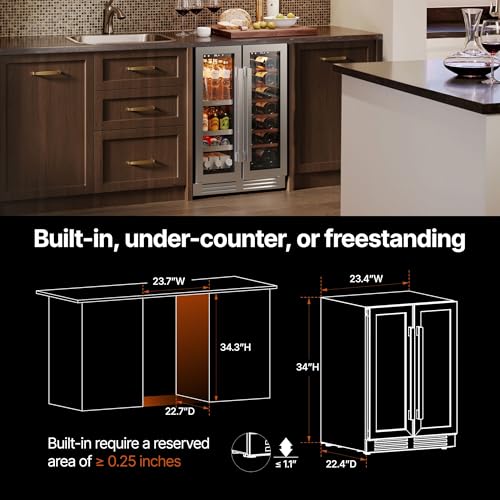 Image of Ca'Lefort 24 Inch Wine & Beverage Center, Dual Zone Wine Cooler Refrigerator, Adjustable Shelves & 3 Color LED, Under Counter Built-in or Freestanding for Home Bar Kitchen (60 Can & 20 Bottle)
