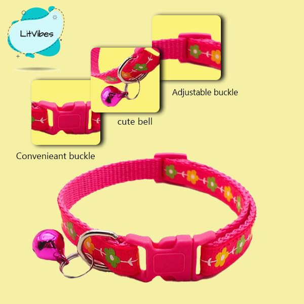 Image of Cat & Puppy Collar with Bell,Kitten & Small Dogs Soft Adjustable,Safe,Solid & Protective Breakaway for Cats & Puppies,Cute Kitty Neckband with Daisy Flower Print-(Red)