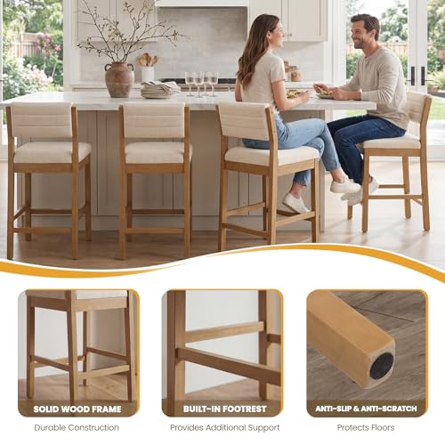 Image of CIMOTA 26 inch H Counter Height Bar Stool, Wooden Bar Stool with Backrest, Linen Upholstered Kitchen Island Stools, 330LBS Load Bar Chair for Kitchen, Cafe, Restaurant
