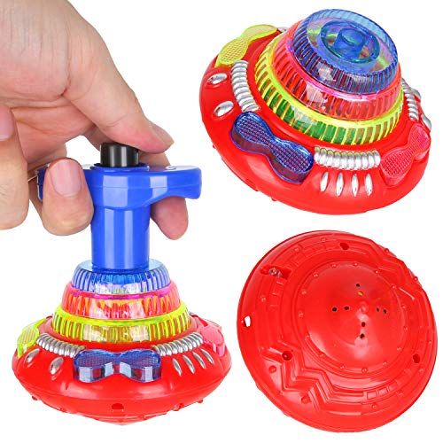 PROLOSO Spinning Top with Lights & Music Light Up Peg Tops LED Spin Toys Gyroscope Flashing Spinner Party Favors Pack of 12