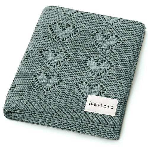 Image of Bleu La La Heirloom Knit Heart Receiving Blanket for Boys and Girls - 100% Luxury Cotton Baby Blanket - Soft Warm Swaddle Receiving Receiving Blanket for Newborns Infants & Toddlers (Hunter Green)
