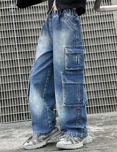 Panegy Girls Straight Jeans Wide Leg Denim Pants Kids Casual Y2K Cargo Jeans with Pockets 5-14 Years3