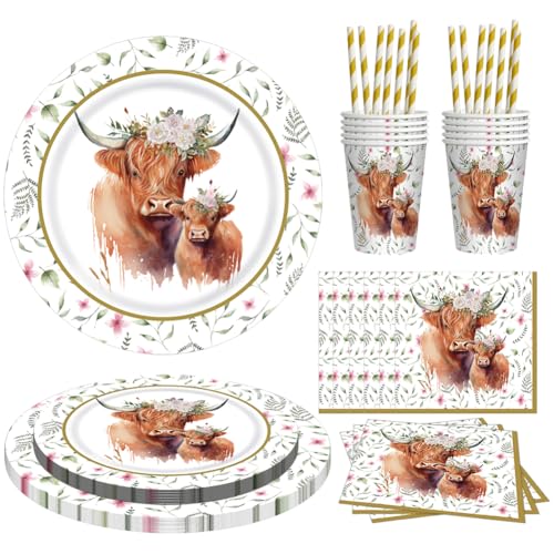 Vaisselle de Fête Vache 50pcs Highland Cow Vaisselles, Set de Décoration Highland Cow - Vaisselle, Nappe, Serviettes en Papier pour Fête, Pique-nique et...