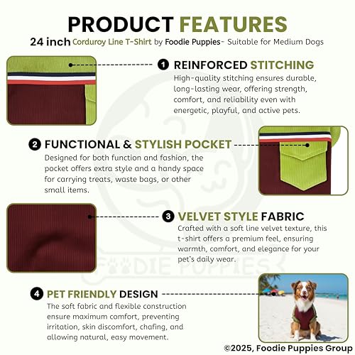Image of Foodie Puppies Corduroy Line Velvet Pocket T-Shirt Warm Sweater Jacket - (24 inch, Olive & Maroon) for Medium to Large Dogs | Soft, Lightweight Pet Apparel | Stylish, Comfortable, Durable, Stretchable