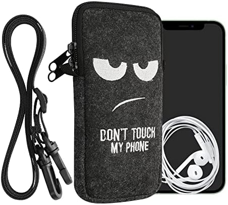 kwmobile Felt Phone Bag with Design XXL - 7" - 6.9 x 3.3 inches (17.7 x 8.5 cm) Strap Holder - Don't Touch My Phone White/Dark Grey